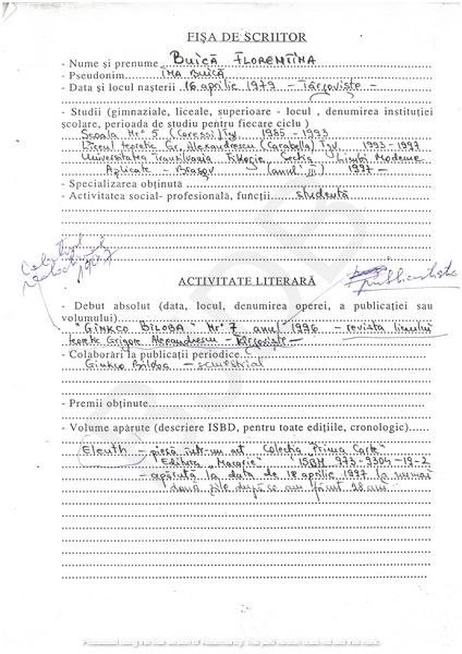 M-1307-1 - Fisa de scriitor BUICĂ FLORENTINA